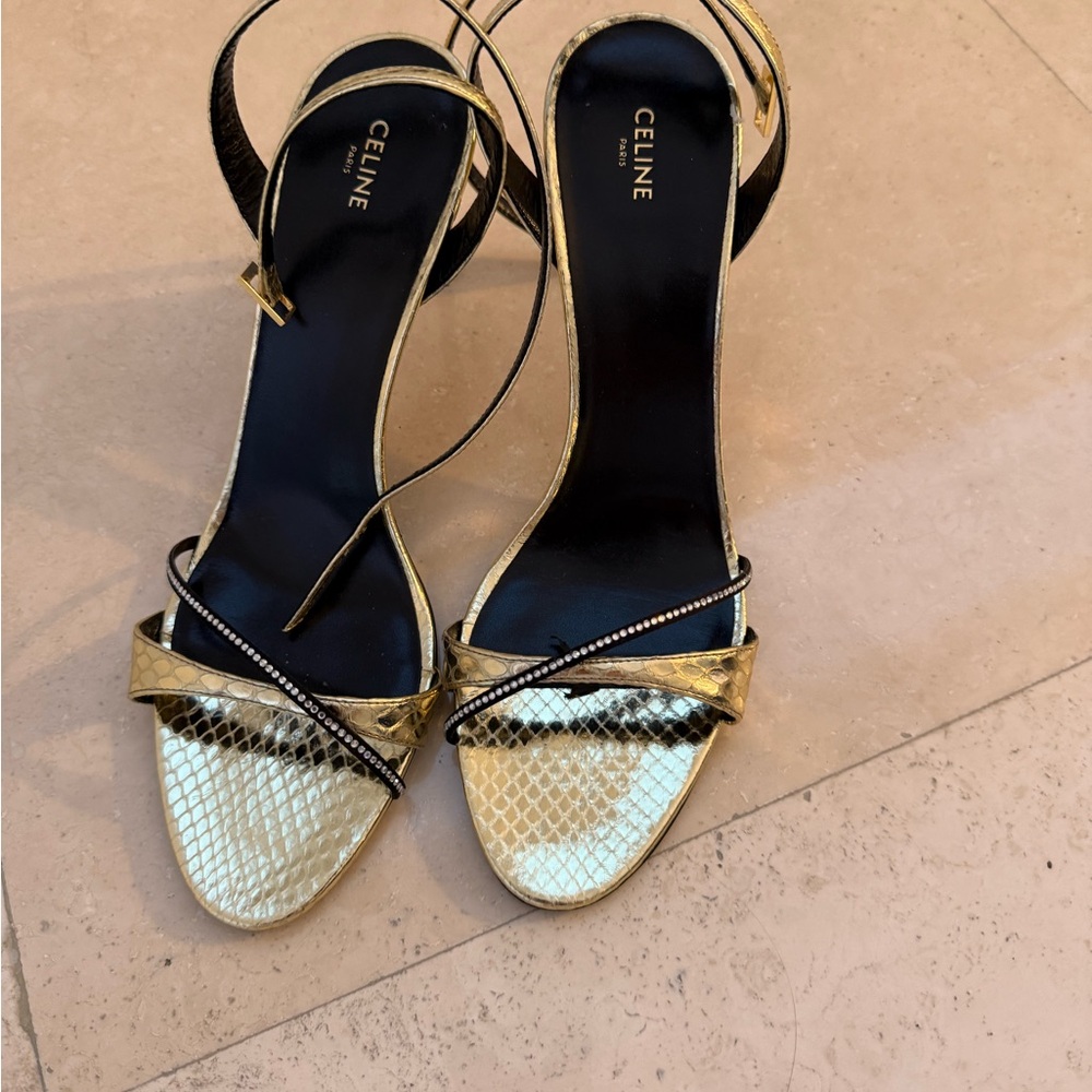 Celine Gold and Black Textured Heels